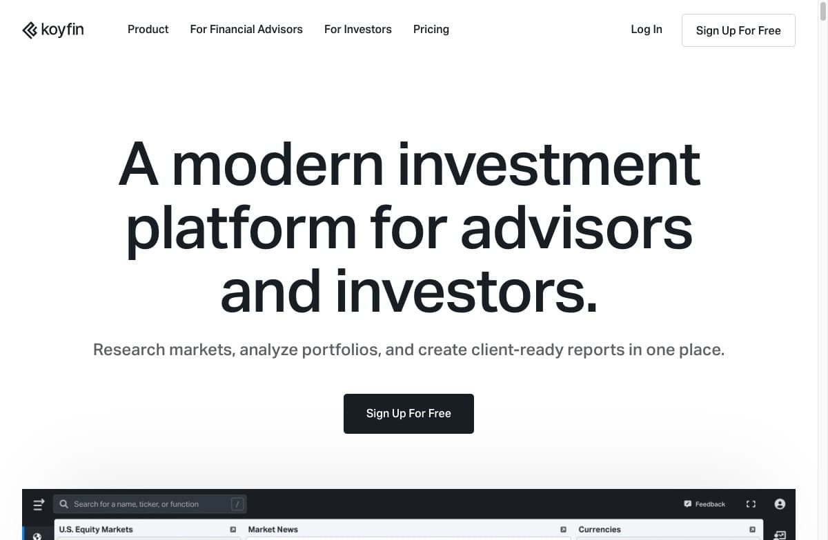 Koyfin homepage with a preview of its market dashboard for equities, news, and currencies
