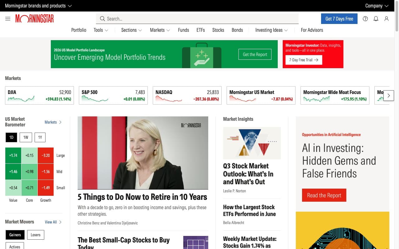 Morningstar homepage showing market data, analyst research, and the US Market Barometer