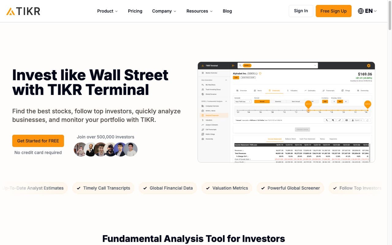 TIKR Terminal homepage with a preview of its financial statements and analyst estimates interface